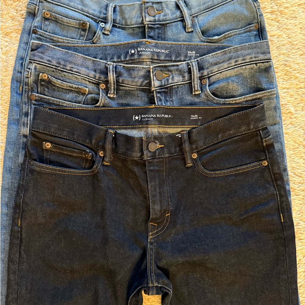 Banana Republic Men's Legacy SkinnyJeans in light, medium, and dark wash